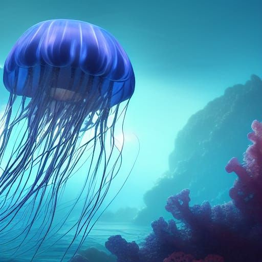 Atmospheric Jellyfish in Deep Blue Ocean: Fantasy Concept Ar...
