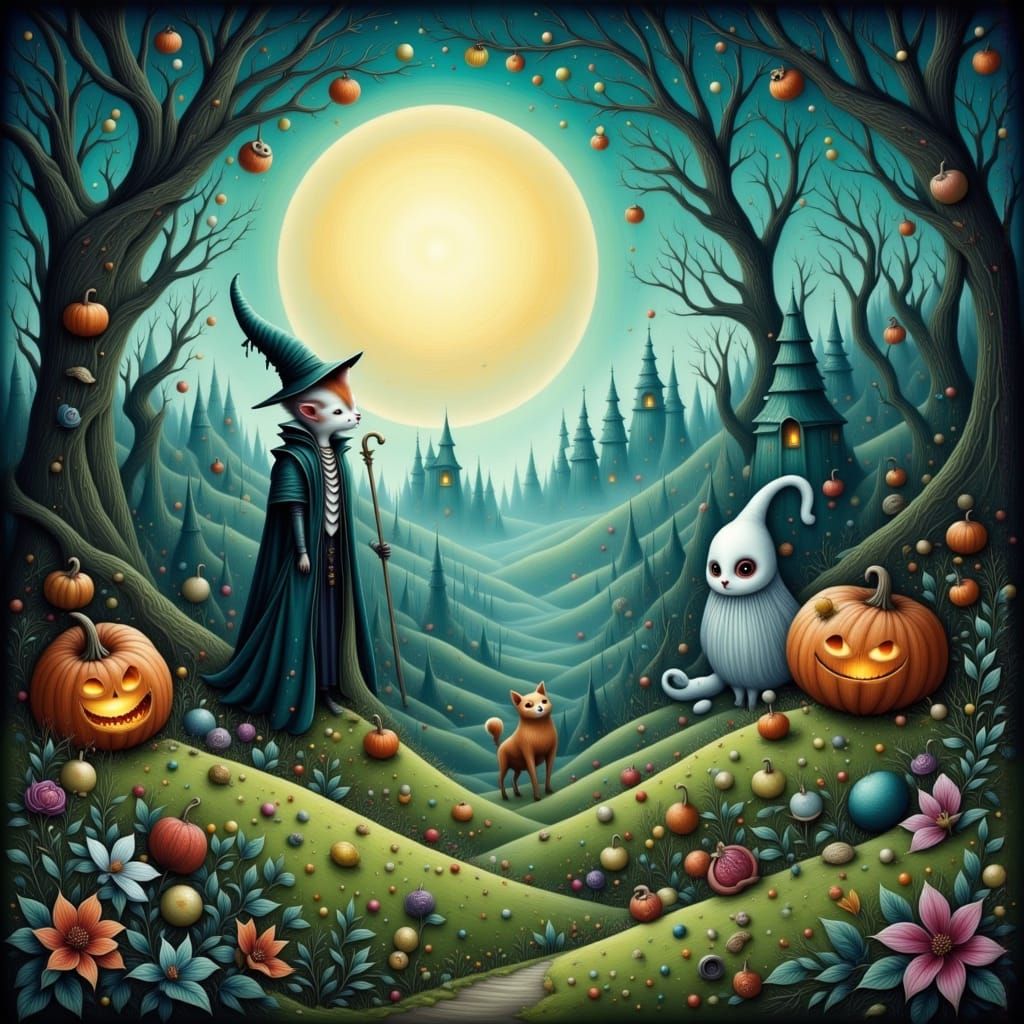 Whimsical Animals in Halloween Costumes Under Luminous Moon