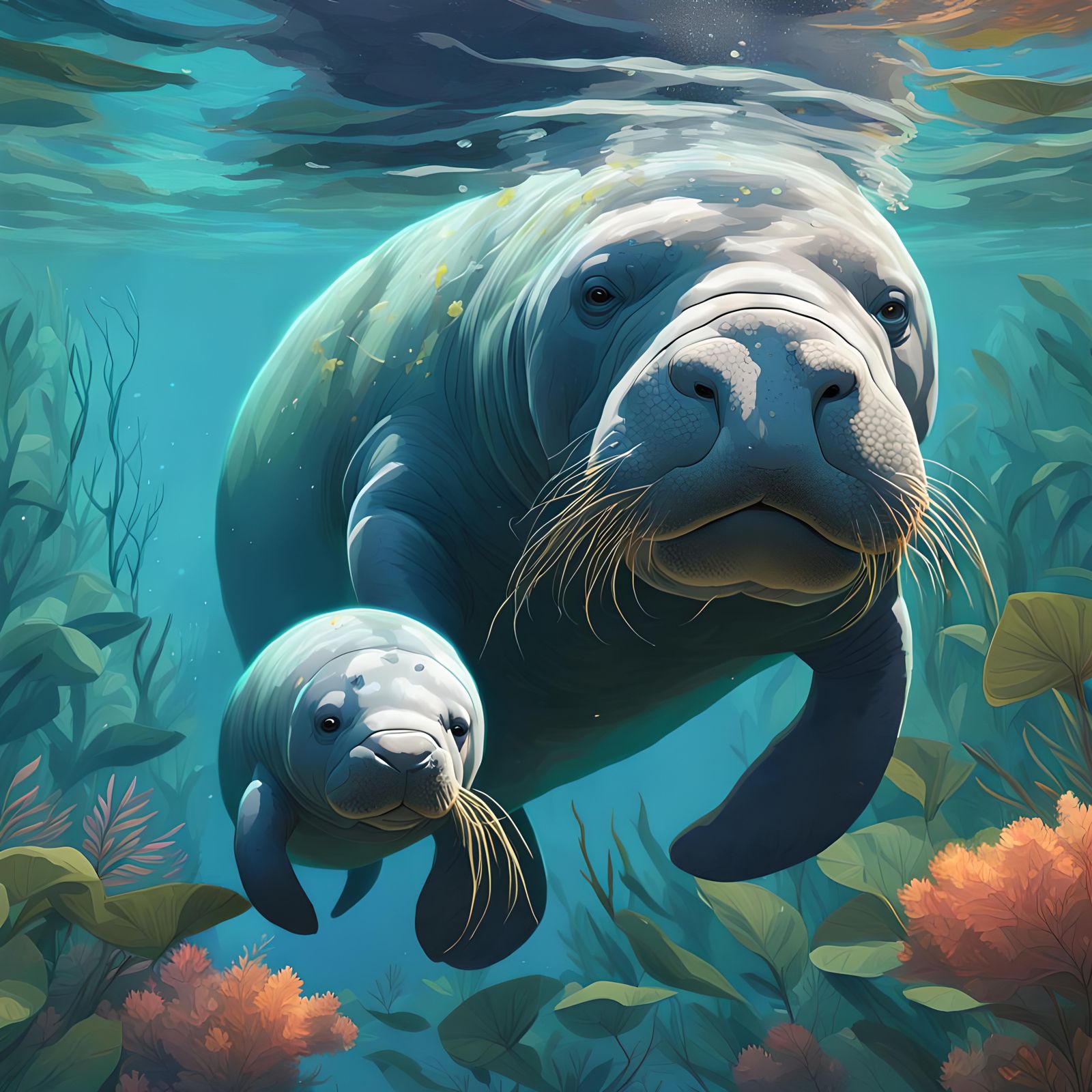 Manatee Calf and Mother in Florida Springs