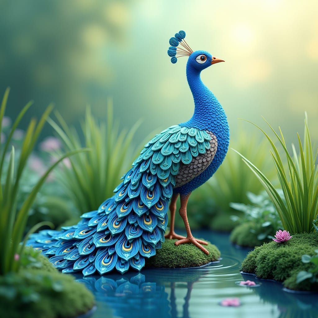 Vibrant Water Peacock in Whimsical Grass Landscape