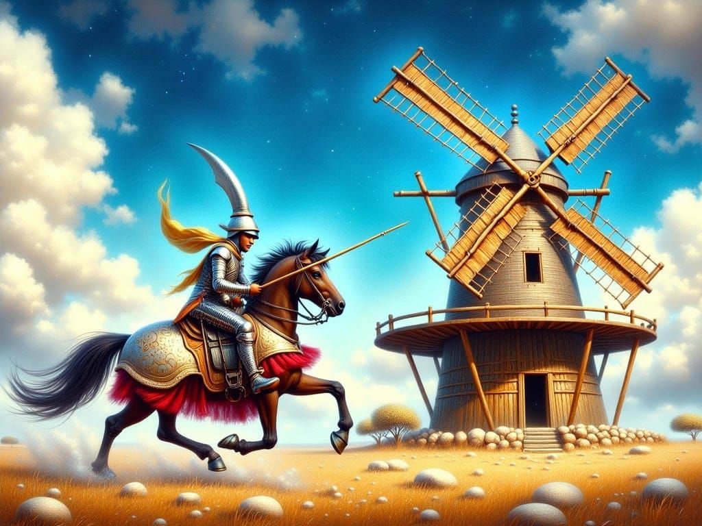 Don Quixote Attacks Windmill in Comic Book Style