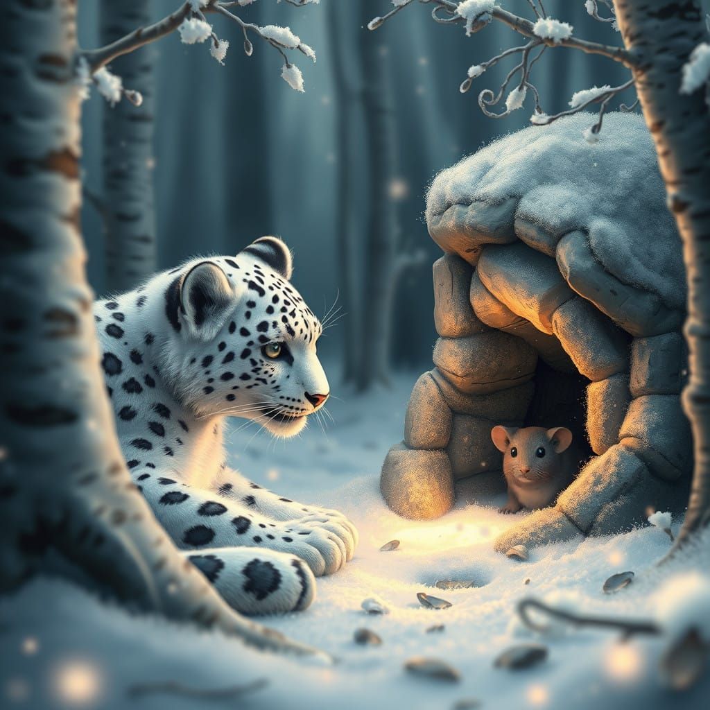 Whimsical Snow Leopard Encounters a Frosty Forest Friend