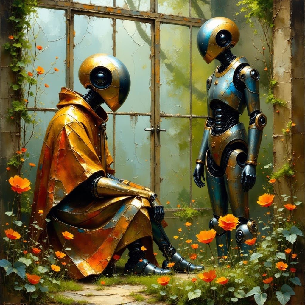 Robots in Overgrown Greenhouse: Painterly Realism