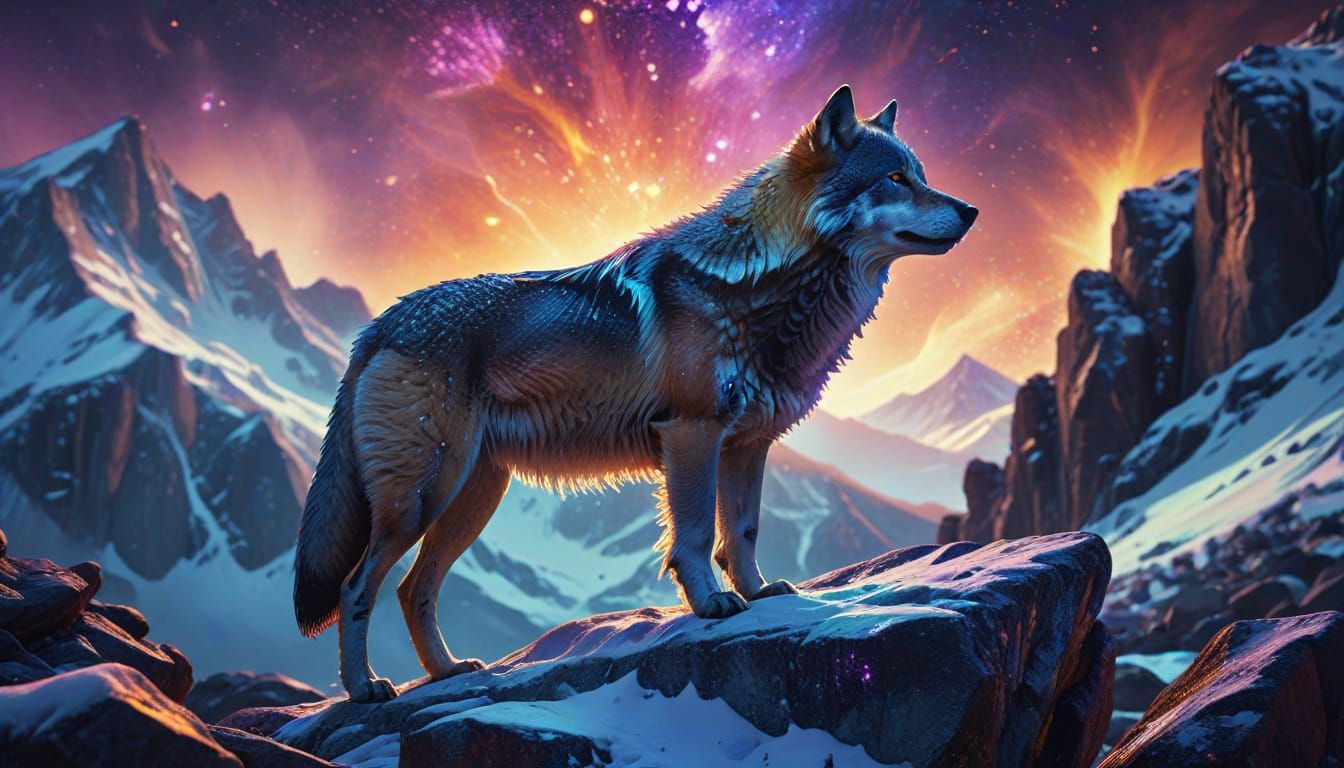 Cosmic Wolf on Snowy Plateau: A Surreal Illustration