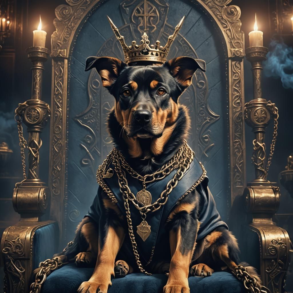 Rapper Dog on Throne in Luxurious Dark Room