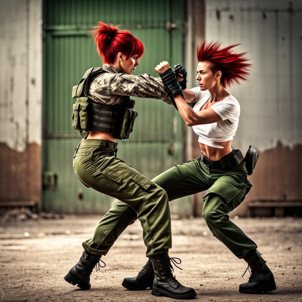 Female Soldier Punches Enemy in Hyperrealistic Style
