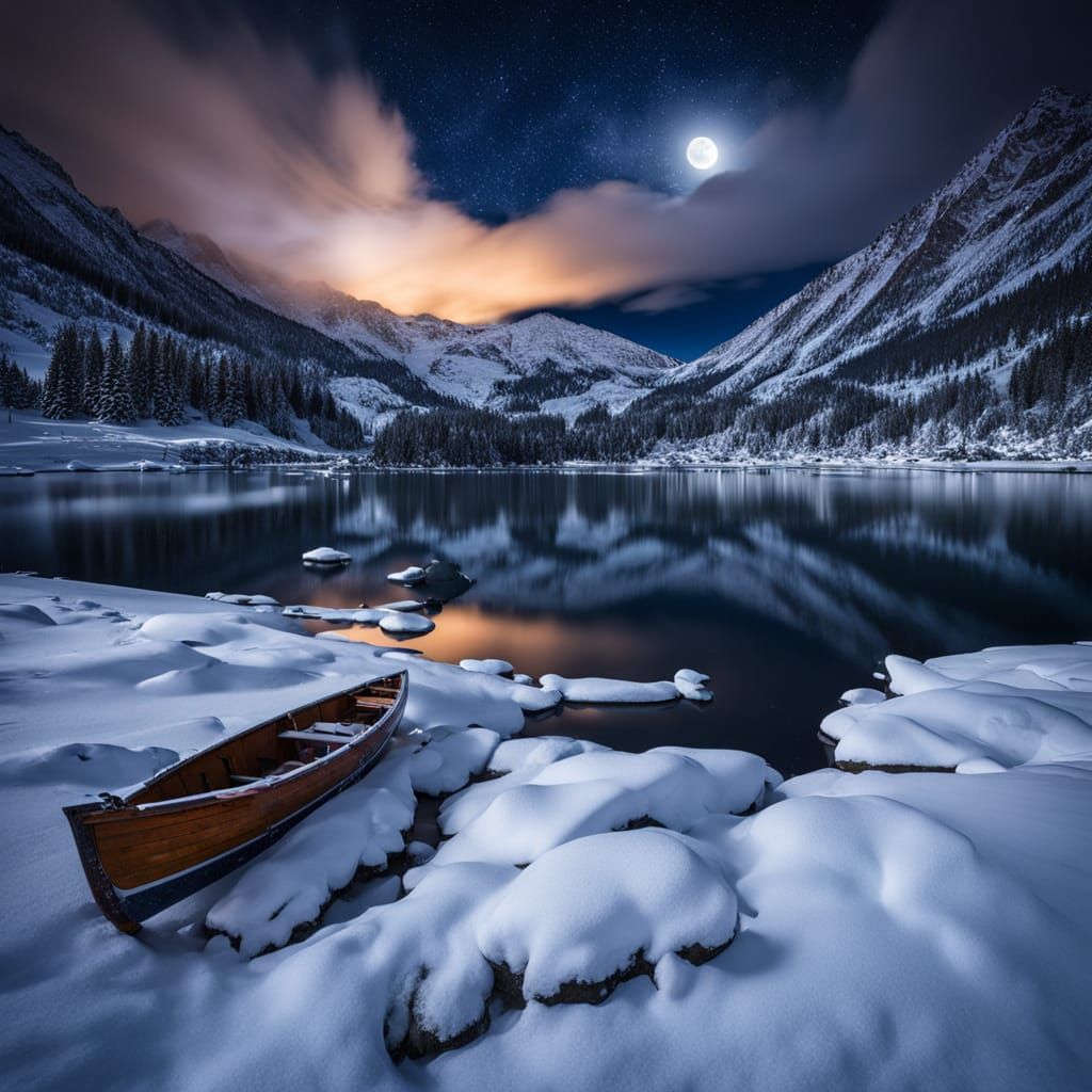 Dramatic Winter Mountain Lake at Night