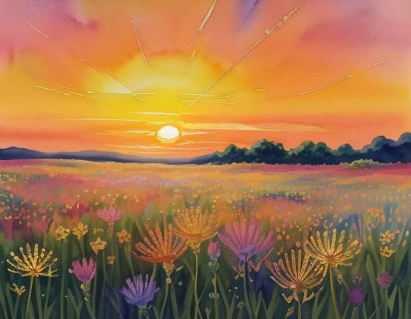 Golden Dragonfly in Watercolor Wildflower Field