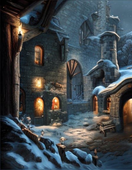 Medieval Cottage Interior with Snowy Winter Scene