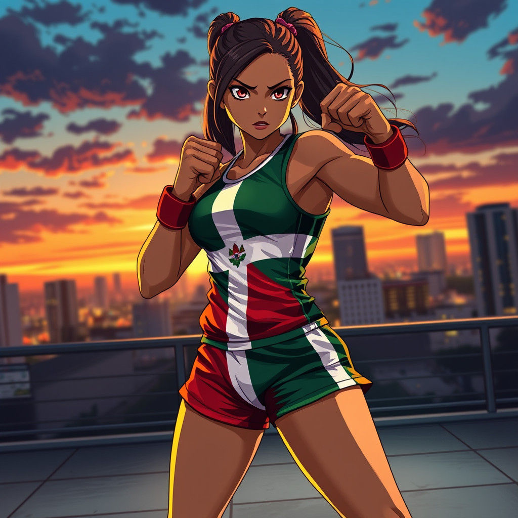 Dominican Fighter in Cityscape, Manga Scan Style