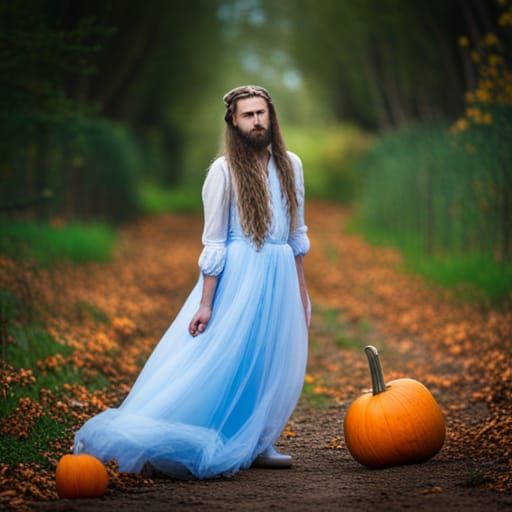Bearded Man in Cinderella Dress at Pumpkin Patch