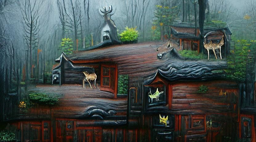 Misty Forest Cabin with Deer: Detailed Painting
