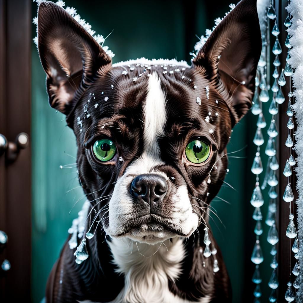 Icy Boston Terrier Portrait in Freezing Weather