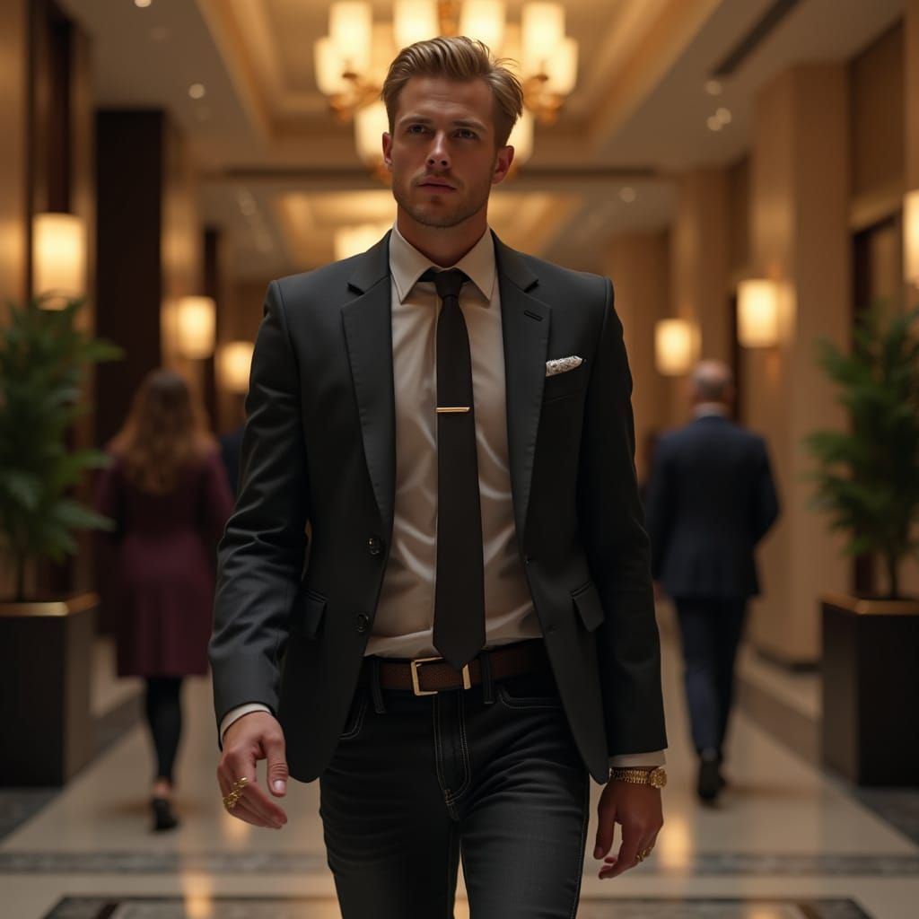 Man in Blazer Walks Through Luxury Hotel Lobby