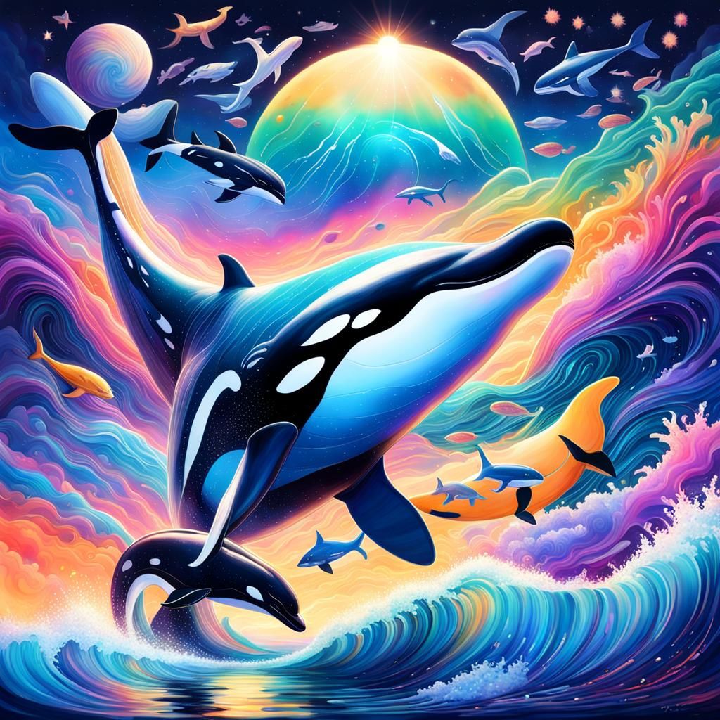Iridescent Whale and Orca Tail in Starry Galaxy