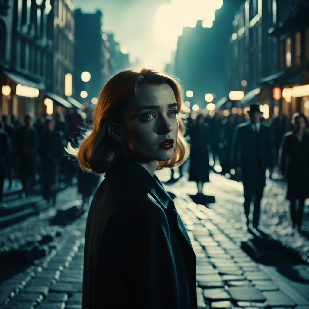 Film Noir Person in Crowded City Street