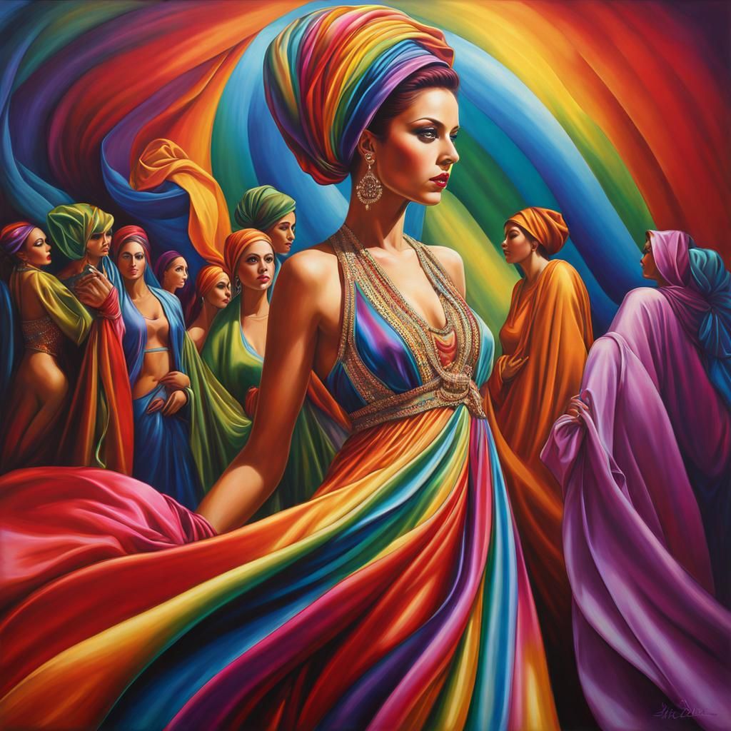 Rainbow Satin Women in Detailed Matte Painting Style
