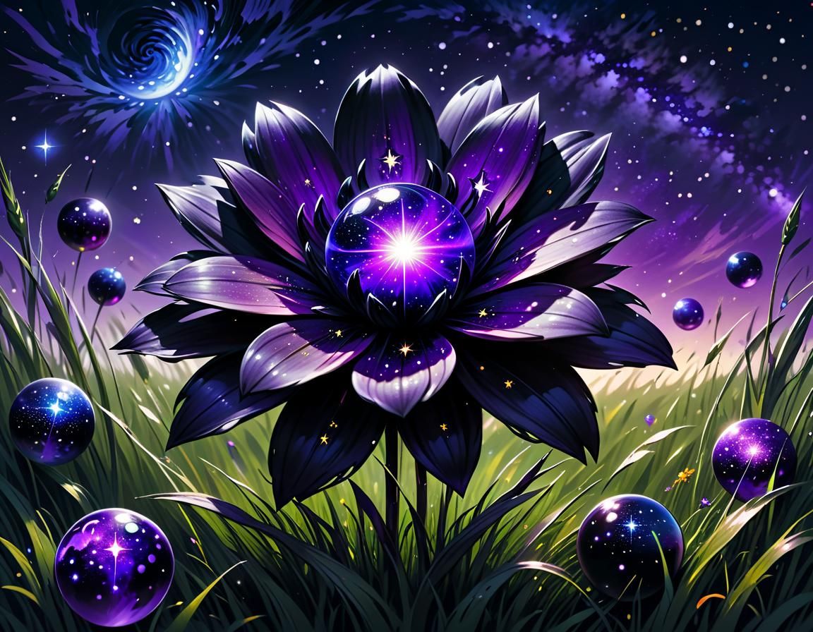 Dramatic Dark Elemental Flower Under Starry Sky
