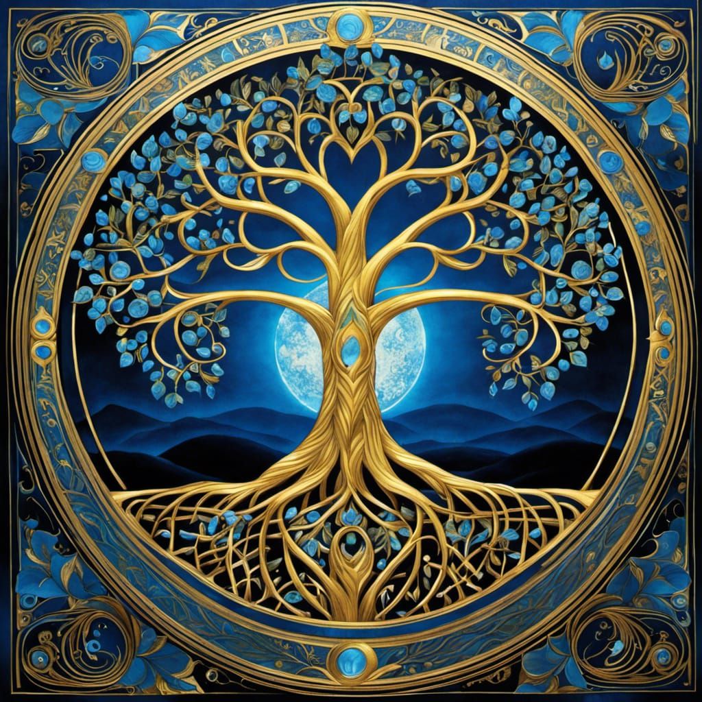 Radiant Blue and Gold Tree of Life