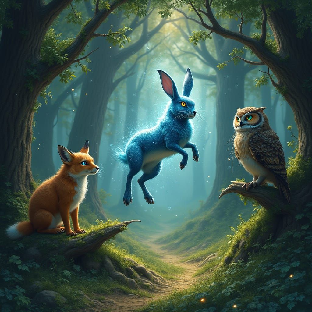 Mythical First Hare and Forest Spirits in Mystical Illustrat...