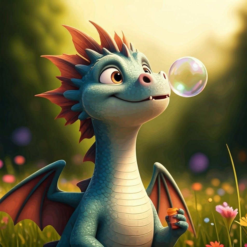 Joyful Dragon in Whimsical Meadow