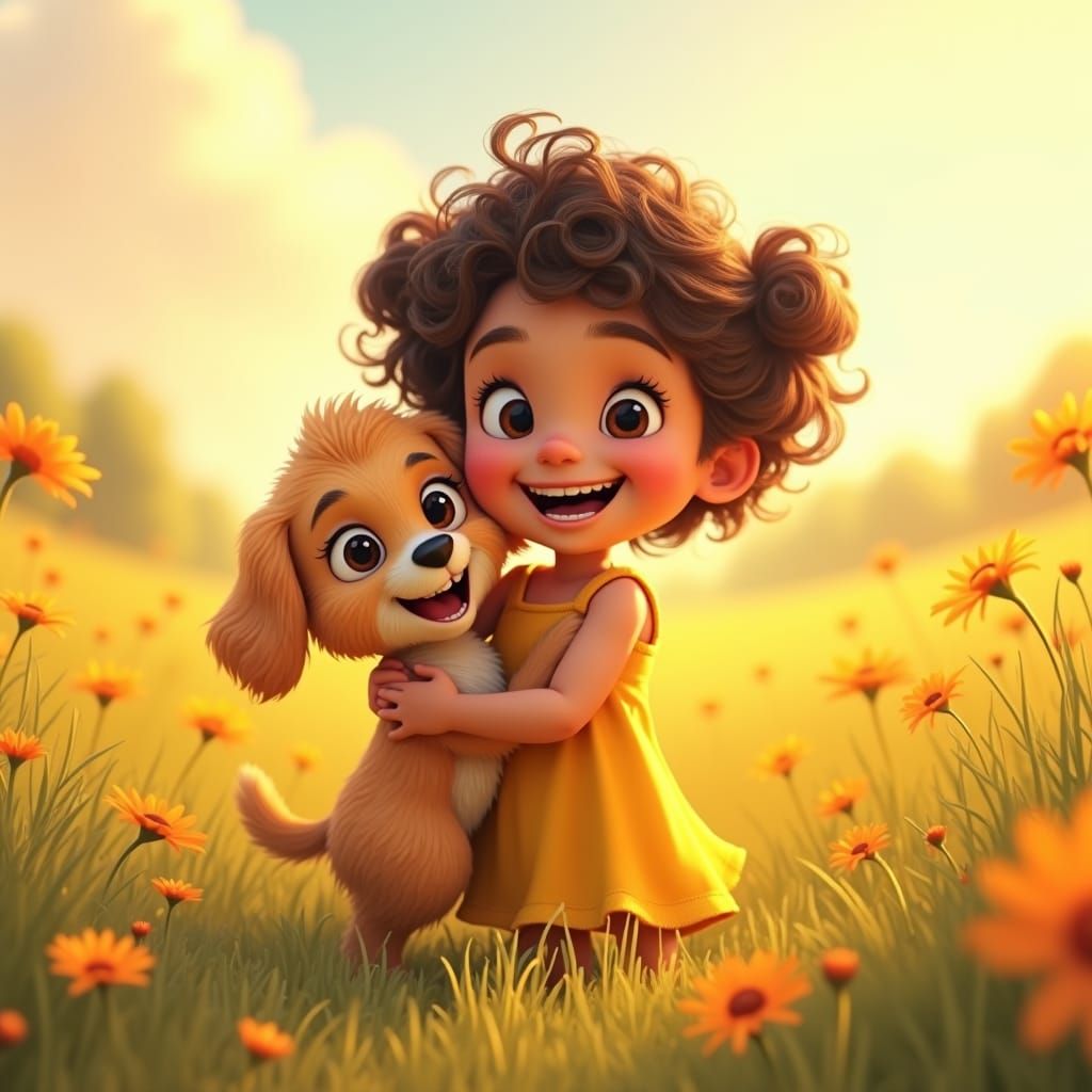 Child and Puppy Hug in Sunny Meadow
