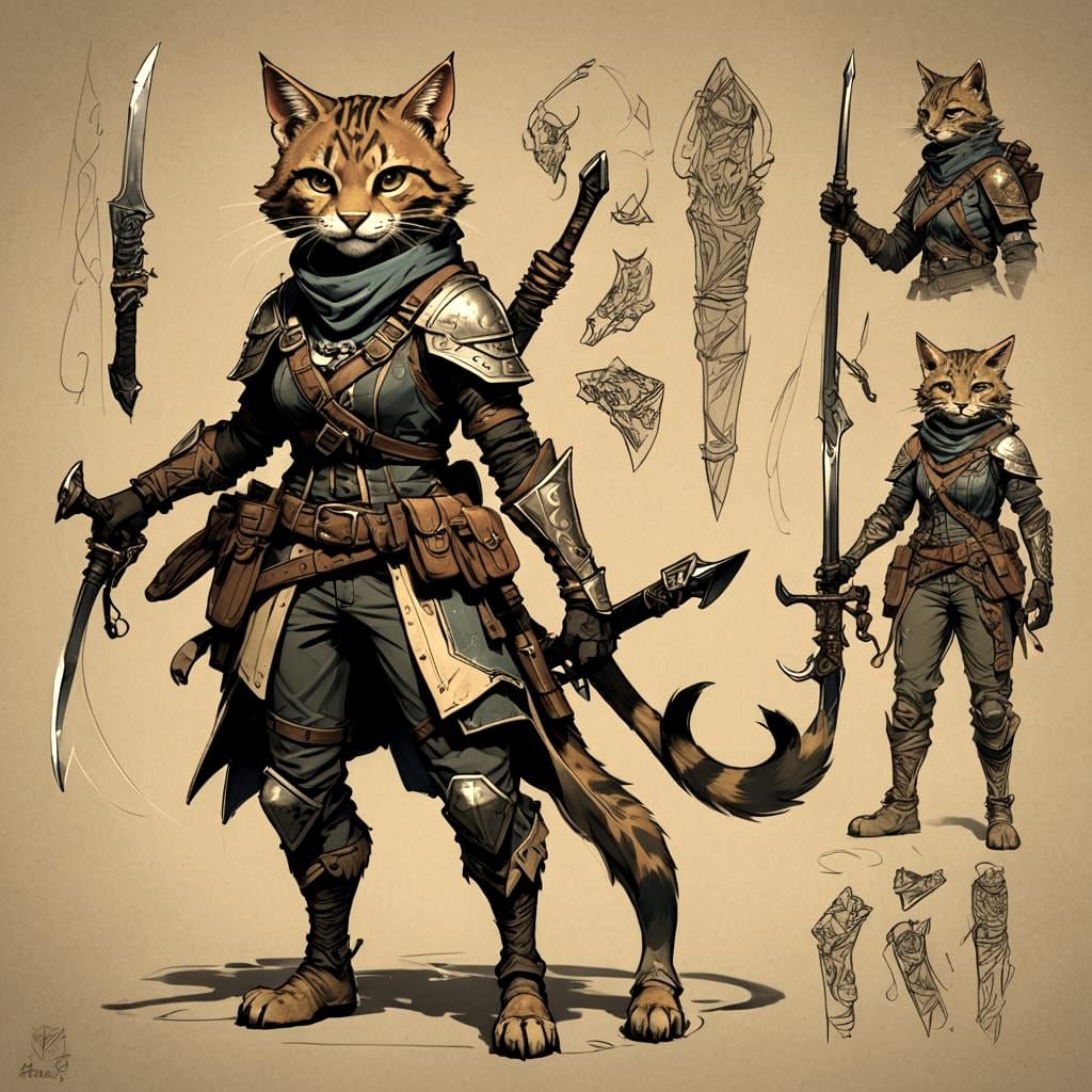 Female Tabaxi Ranger Character Design in Dark Fantasy Style