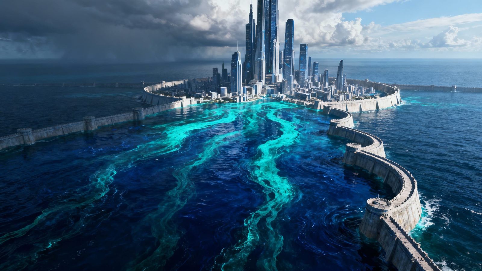 Futuristic Water City Vista Digital Matte Painting