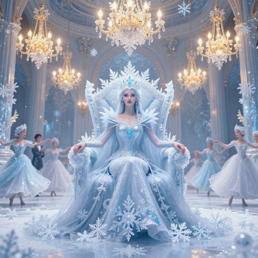 Snowflake Queen on Throne in Icy Ballroom