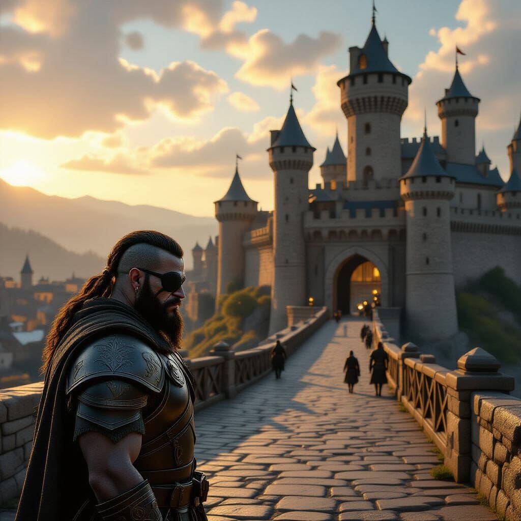 Orc Guarding Medieval Town Drawbridge at Golden Hour