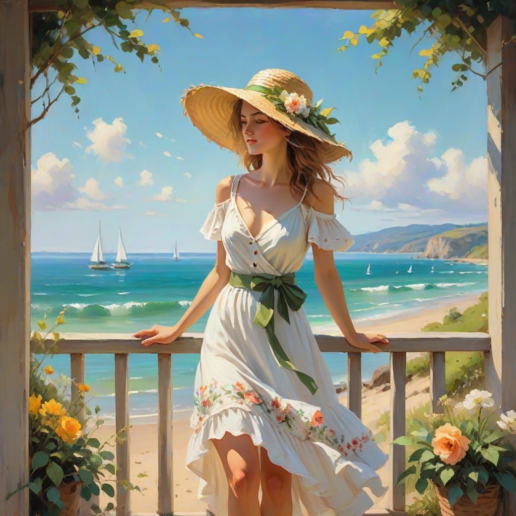 Impressionist Oil Painting of Woman on Beach Balcony