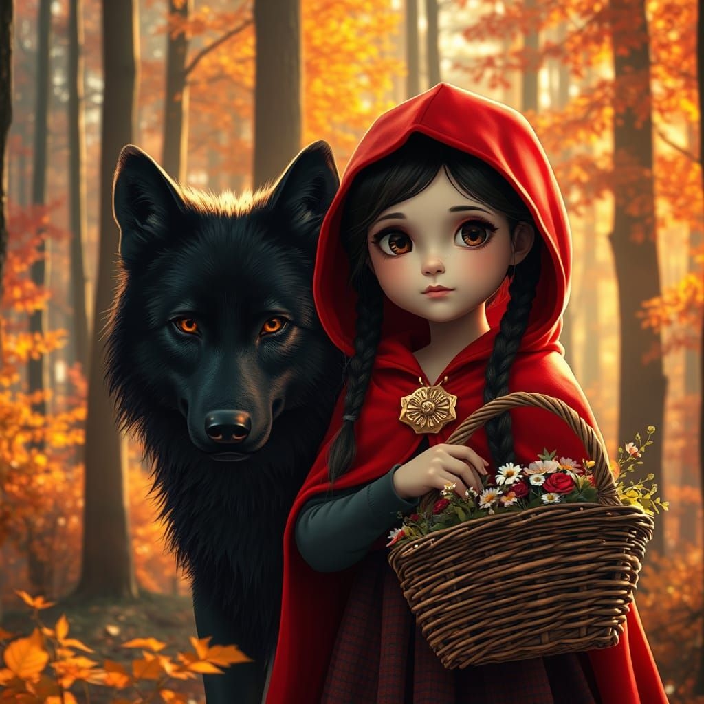 Girl and Wolf in Mystical Autumn Forest