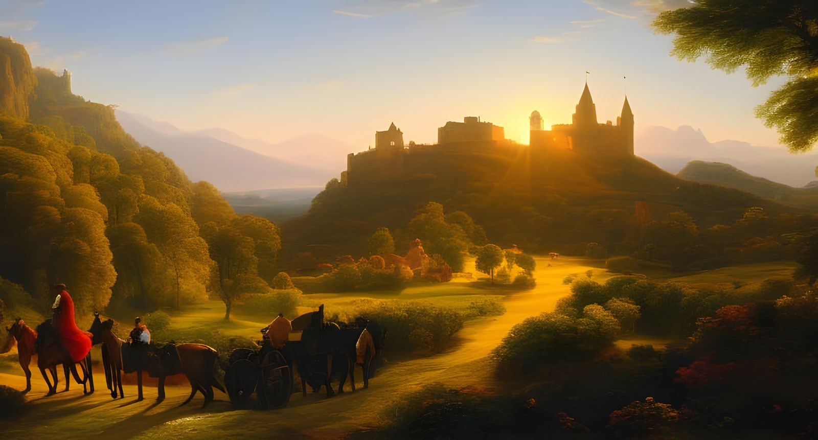 Knights' Departure: Expansive Landscape in 19th Century Styl...