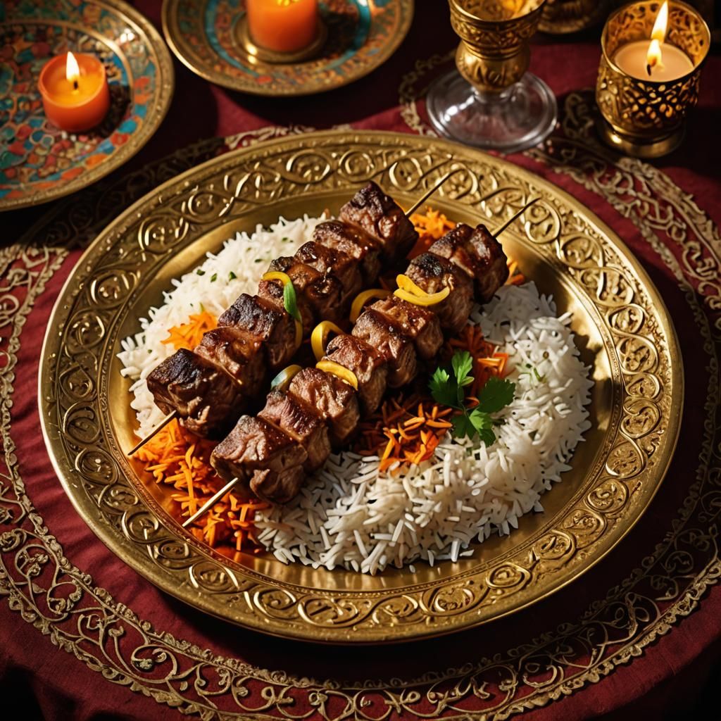 Opulent Persian Still Life with Kebab and Rice