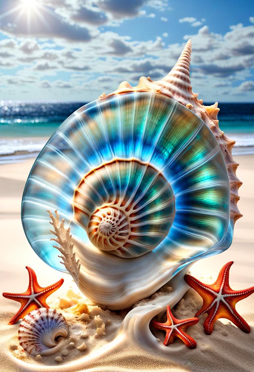 Luminous Glass Seashell Filled with Ocean Animals