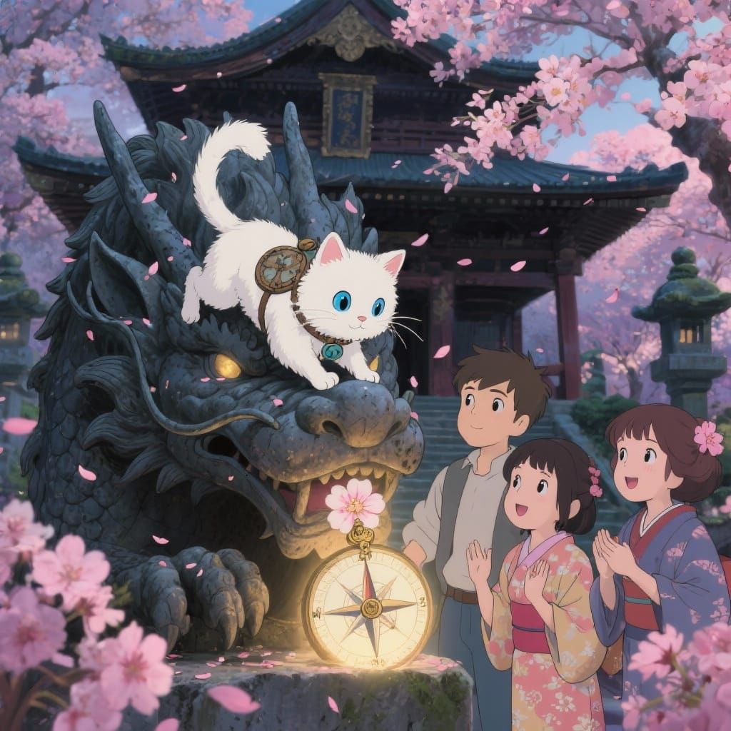 Fluffy Kitten and Stone Dragon in Cherry Blossom Garden