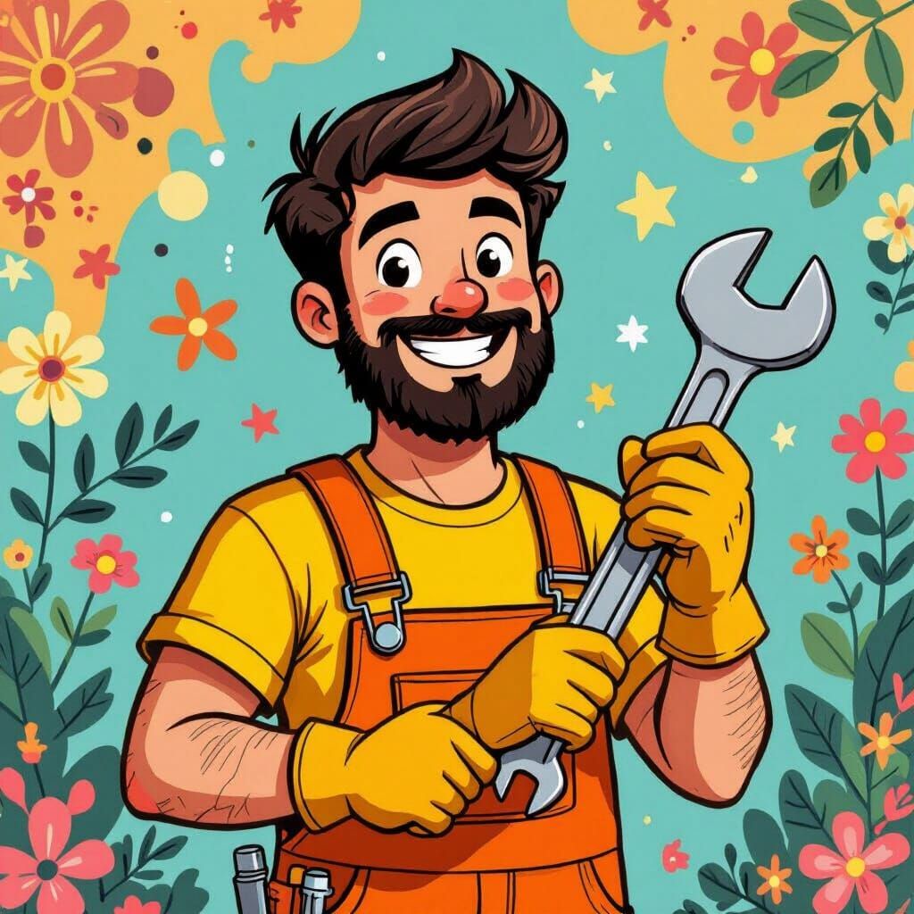 Cheerful Plumber Cartoon in Vibrant Style