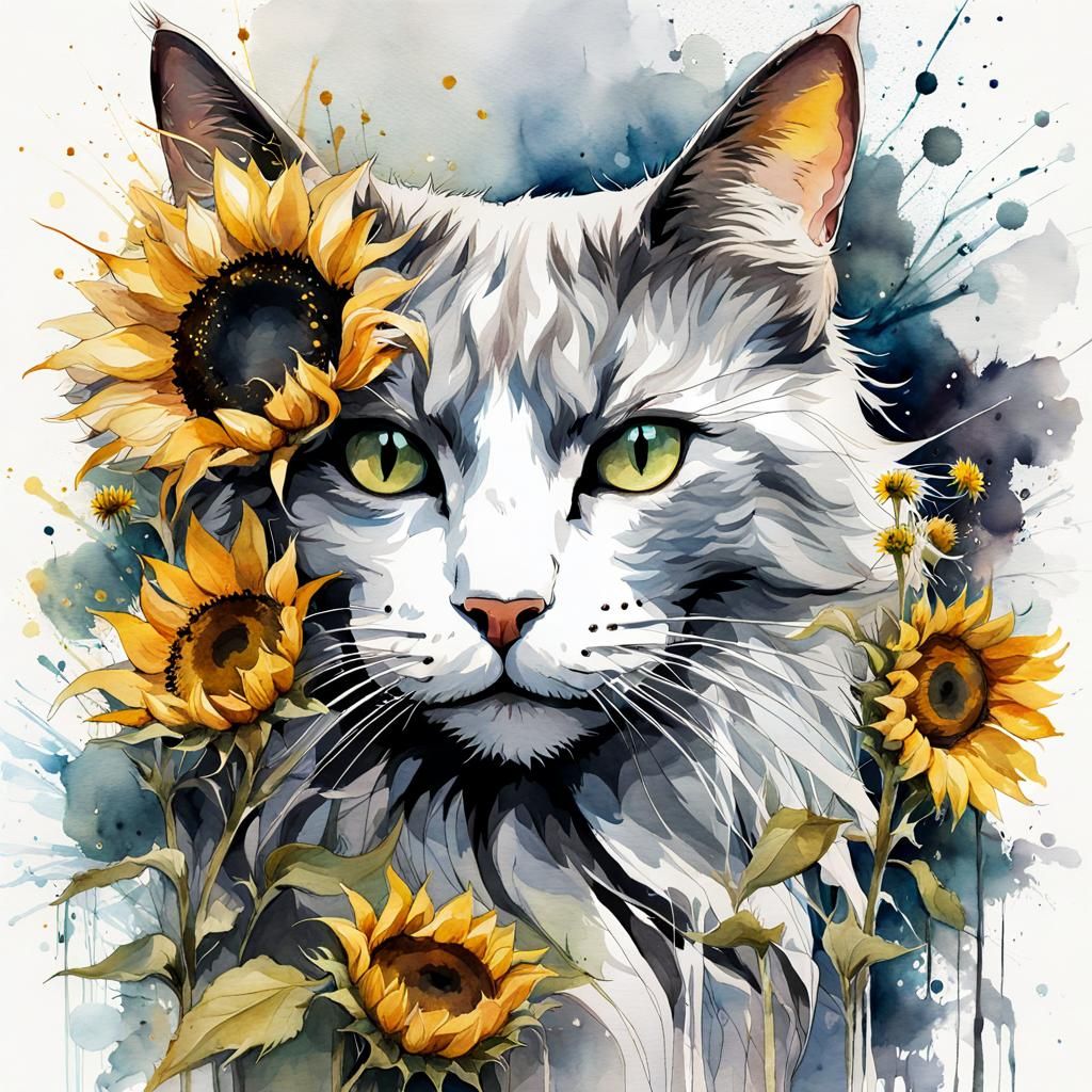 Watercolor Cat with Sunflowers Art Illustration