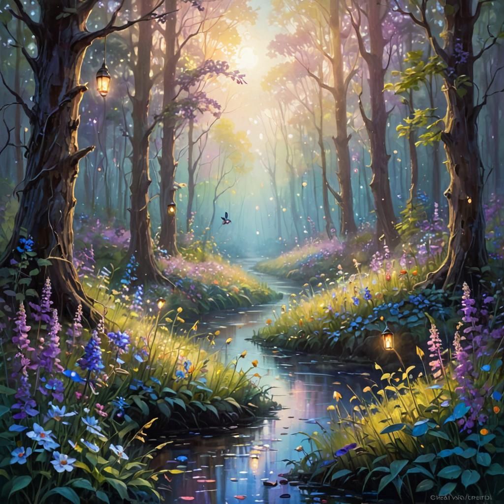 Mystical Forest with Glowing Flora in Impressionistic Style