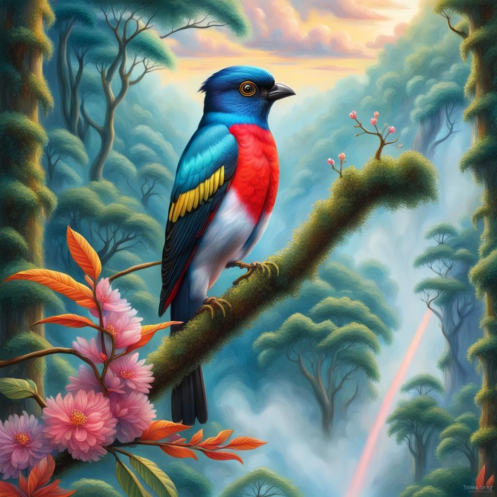 Whitehead's Trogon in Malaysian Rainforest, Fantasy Illustra...