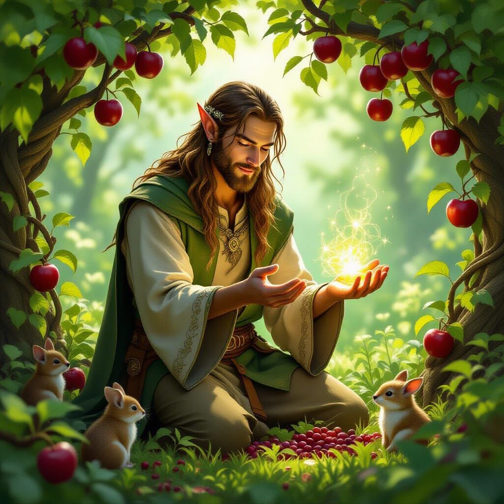 Elf Healer Nurtures Nature in Sunlit Grove