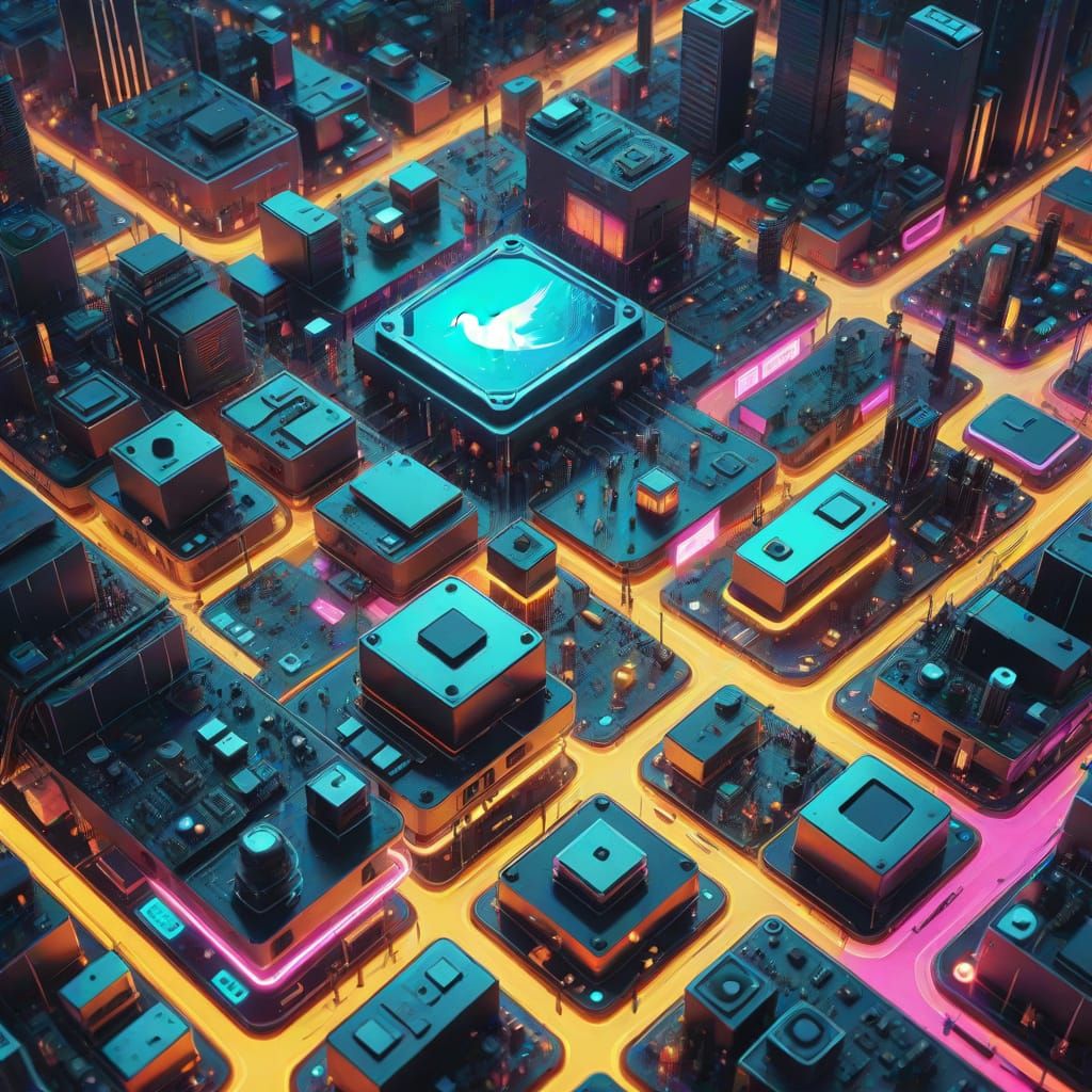 Microscopic Cityscape with Iridescent Transistors in Digital...