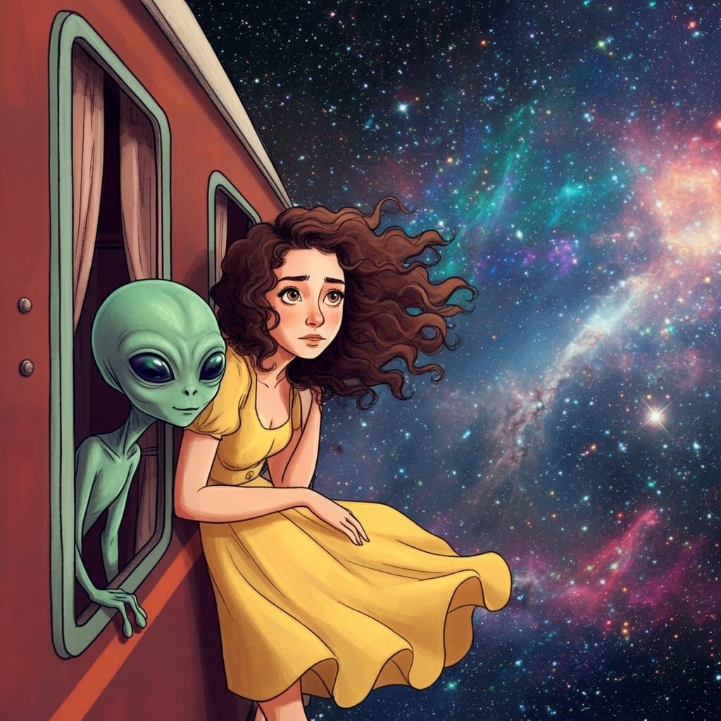 Whimsical Train Window Scene with Curious Woman and Alien Fr...