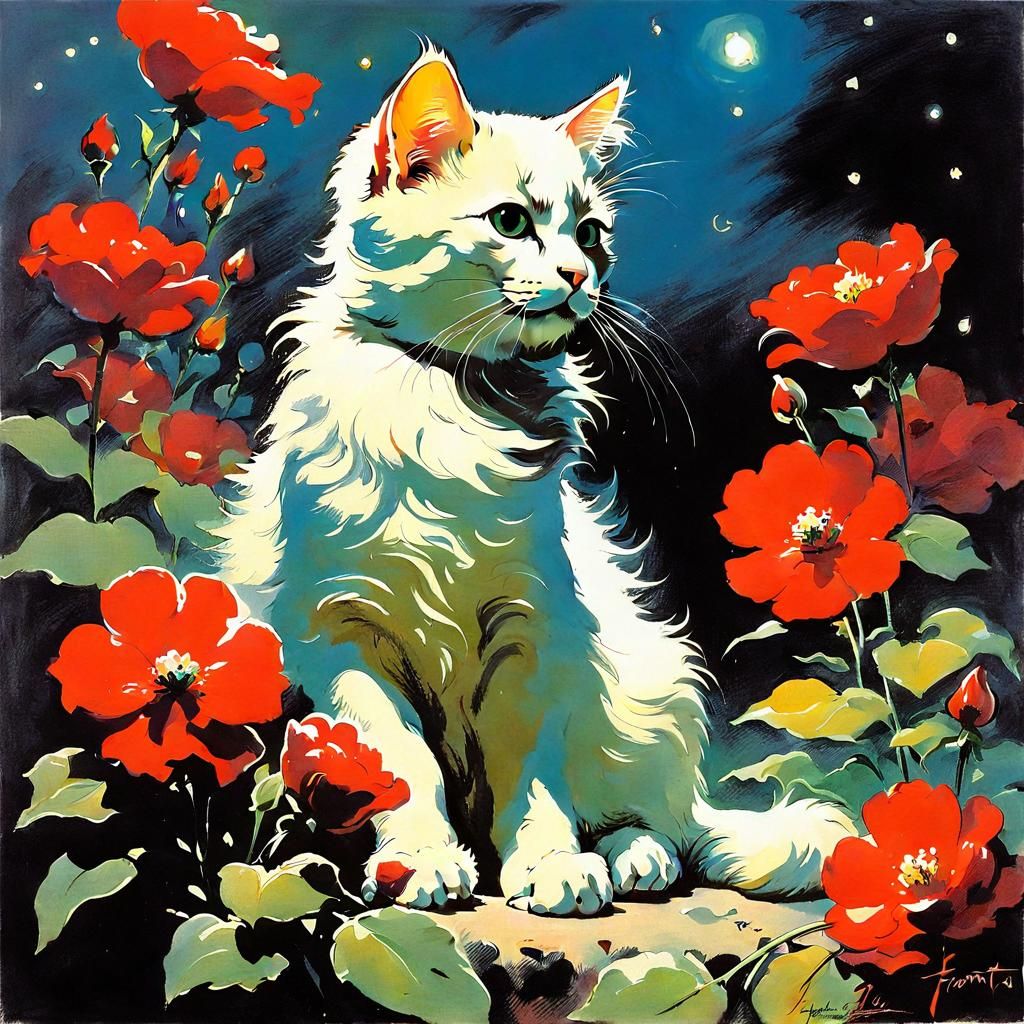 Cat Surrounded by Flowers in Fantasy Art Style