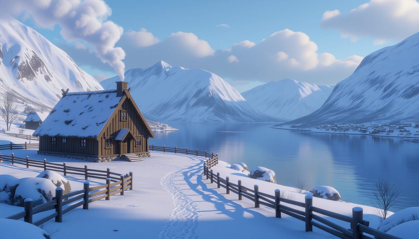 Viking Longhouse in Snowy Norway Landscape