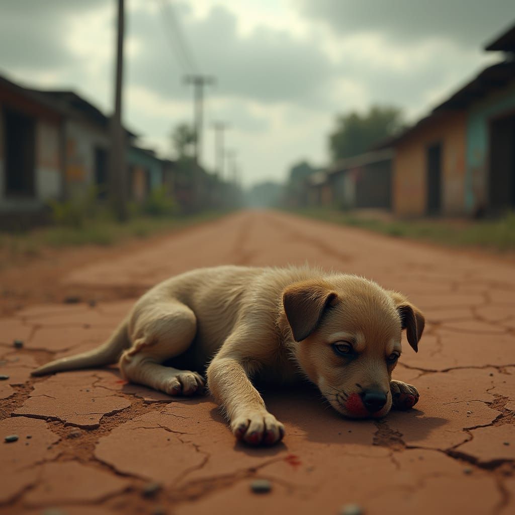 Semi-Realistic 3D Scene of an Injured Puppy on a Rural Road