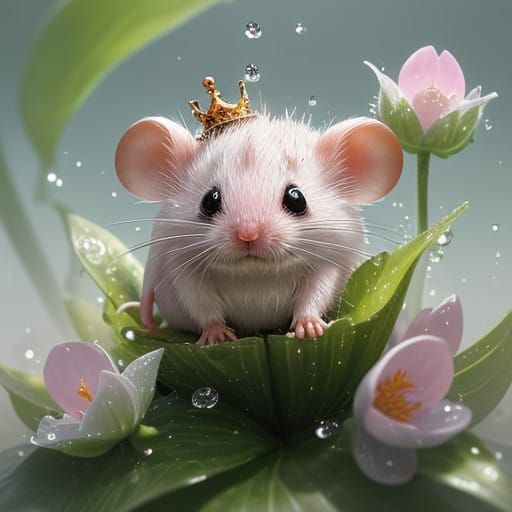 Whimsical Mouse with Raindrop Crown in Golden Light