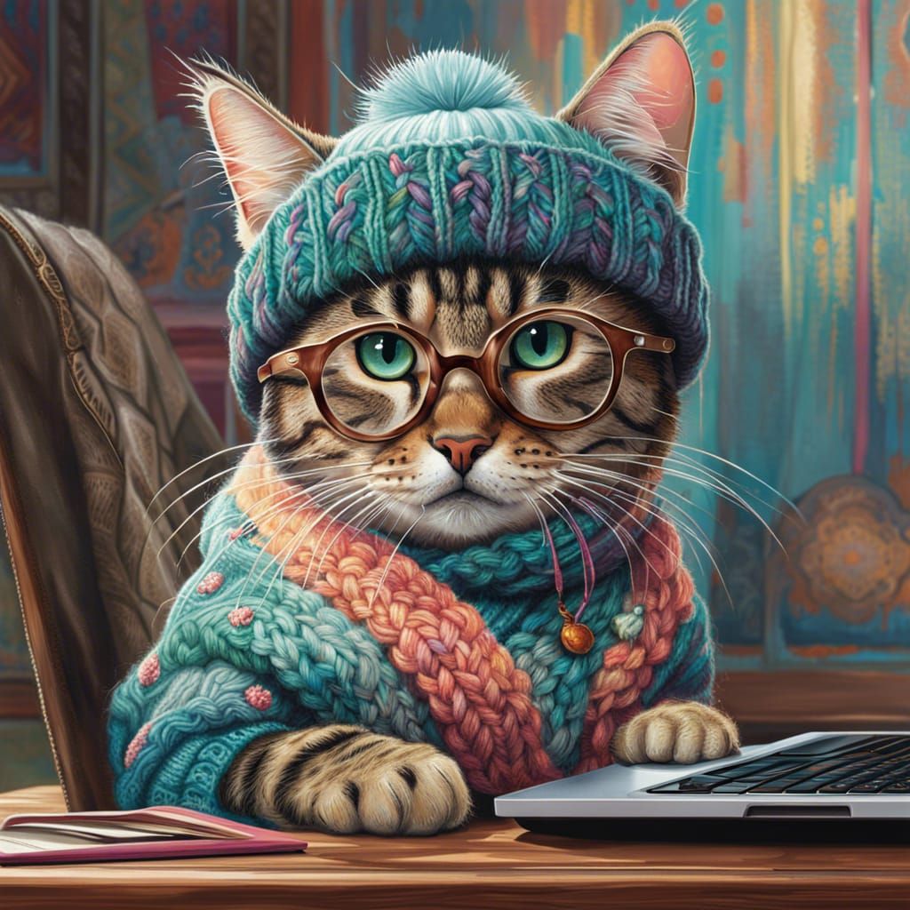 Hipster Cat Portrait with Laptop in Digital Art Style