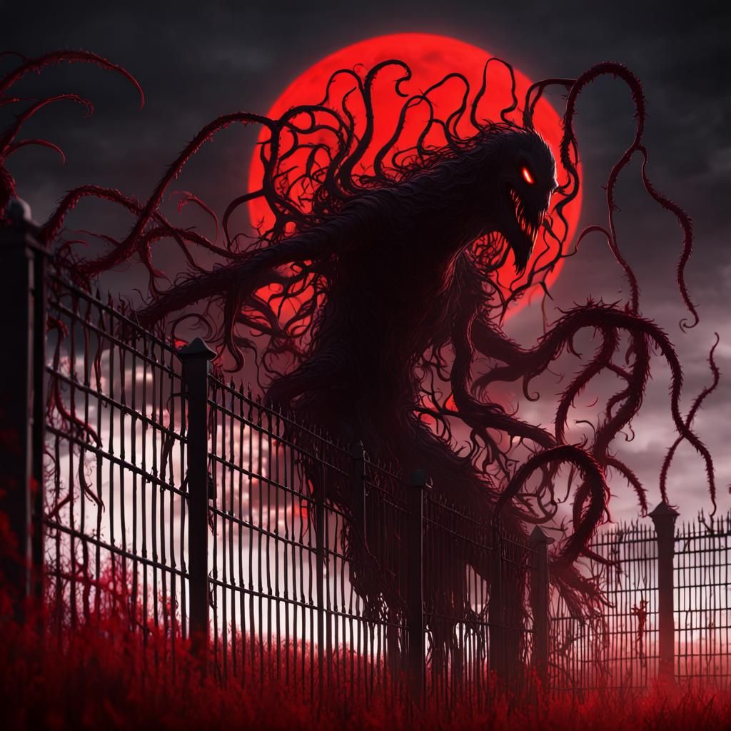 Eldritch Monster Silhouette with Red Moon
