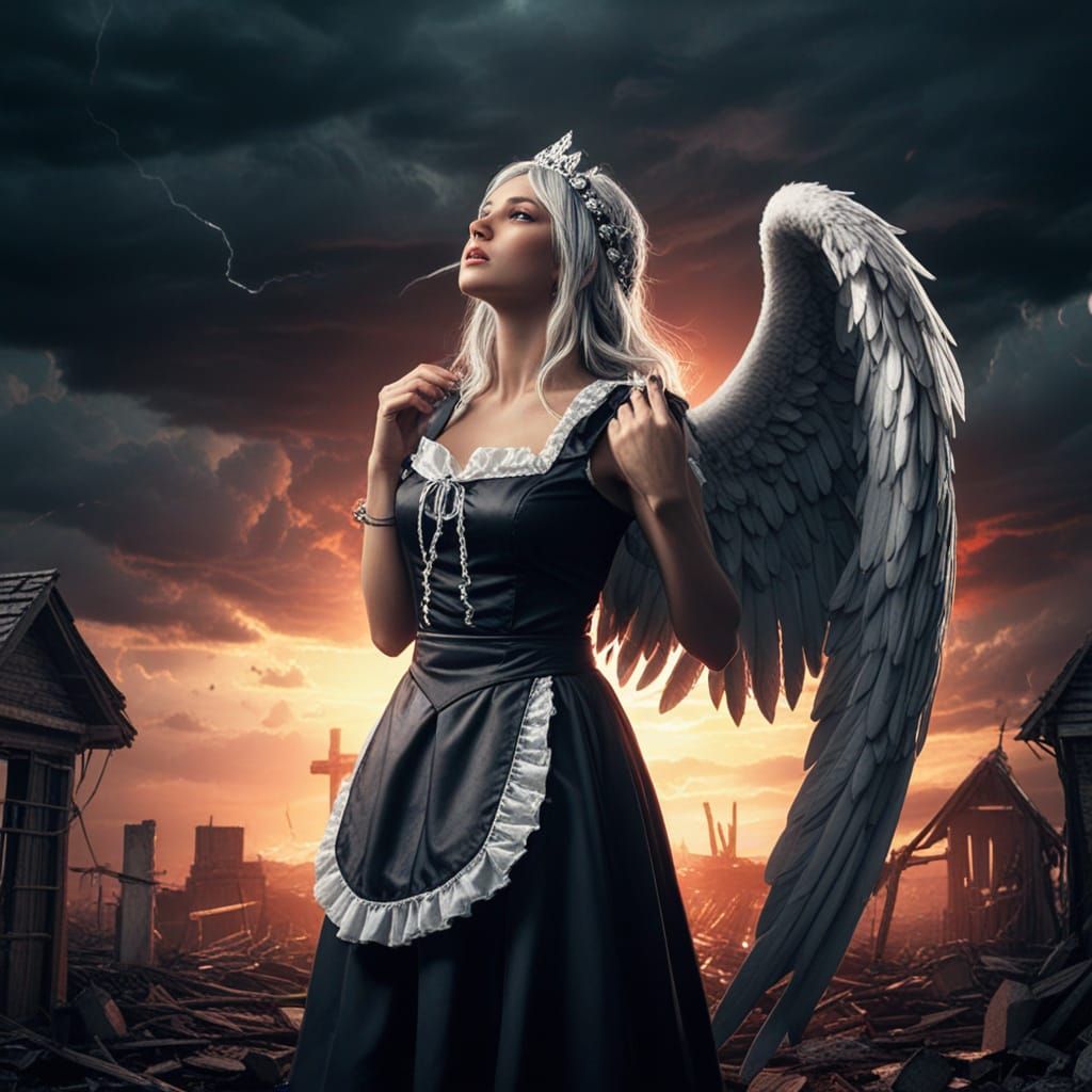Angel Woman in French Maid Attire Prays in Ruined Kuoh Town